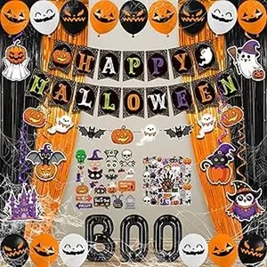 112 Pcs Halloween Party Decorations, Horror Halloween Party Supplies Indoor include Happy Halloween Banner, Boo Balloons, Ghost Garland and Hanging Swirls, Festival Props, Pumpkin Stickers, Spider Wed