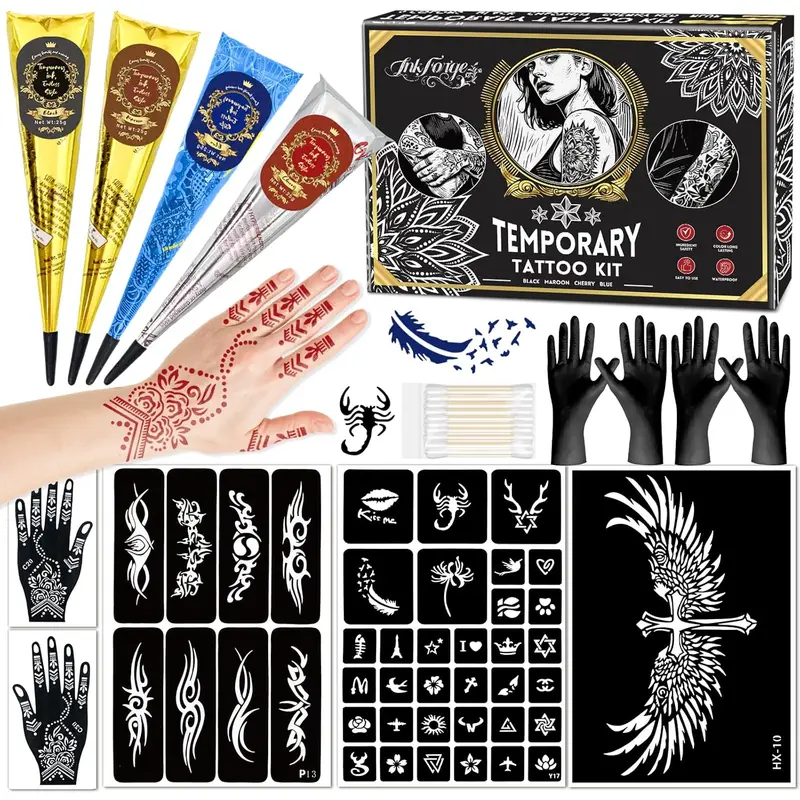 Temporary Tattoo Stencil Kit, 4 Pcs Tattoo Cones 4 Color (Black/Maroon/Cherry Red/Blue) 44 Tattoos Templates and Cotton Swabs, DIY Body Art Skin Painting Designs for Women Men Adult Girl Gifts