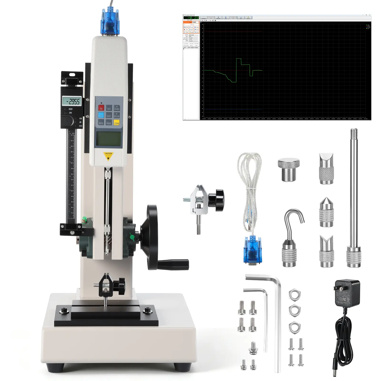 Bidirectional Force Measurement Device with 500 N Range, Real-Time Readings, Peak Hold, and USB Data Export for Quality Control