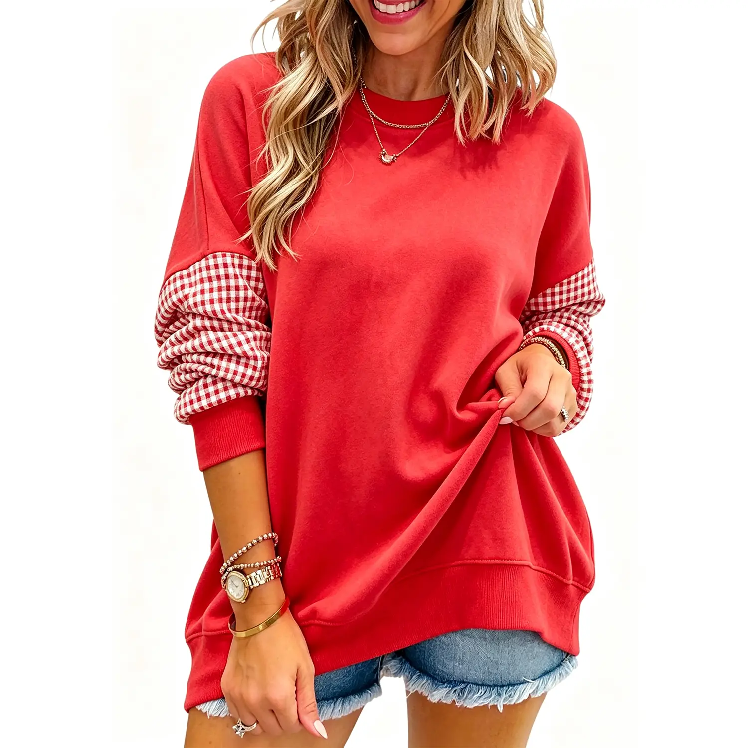 Women Oversized Crew Neck Sweatshirt Color Block Gingham Plaid Long Sleeve Pullover Casual Loose Daily Tops Fashion Fit