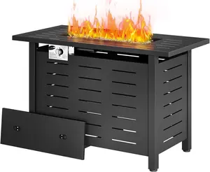 40/41/44 in Propane Fire Pit Table by Aoxun, 50,000 BTU Outdoor Gas Fire Table with Waterproof Cover, Rectangular Steel Fire Table with Lid and Lava Rock for Outdoor, Patio, Backyard,Metal Black
