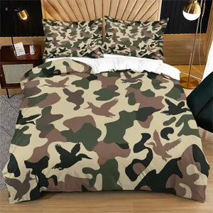 Outdoor Hunting Duck Camo Bedding Set, Soft Fitted Sheet & Pillowcases, Breathable Polyester Fabric, All-Season Use, One Size Fits Most, Soft Bedding Sets