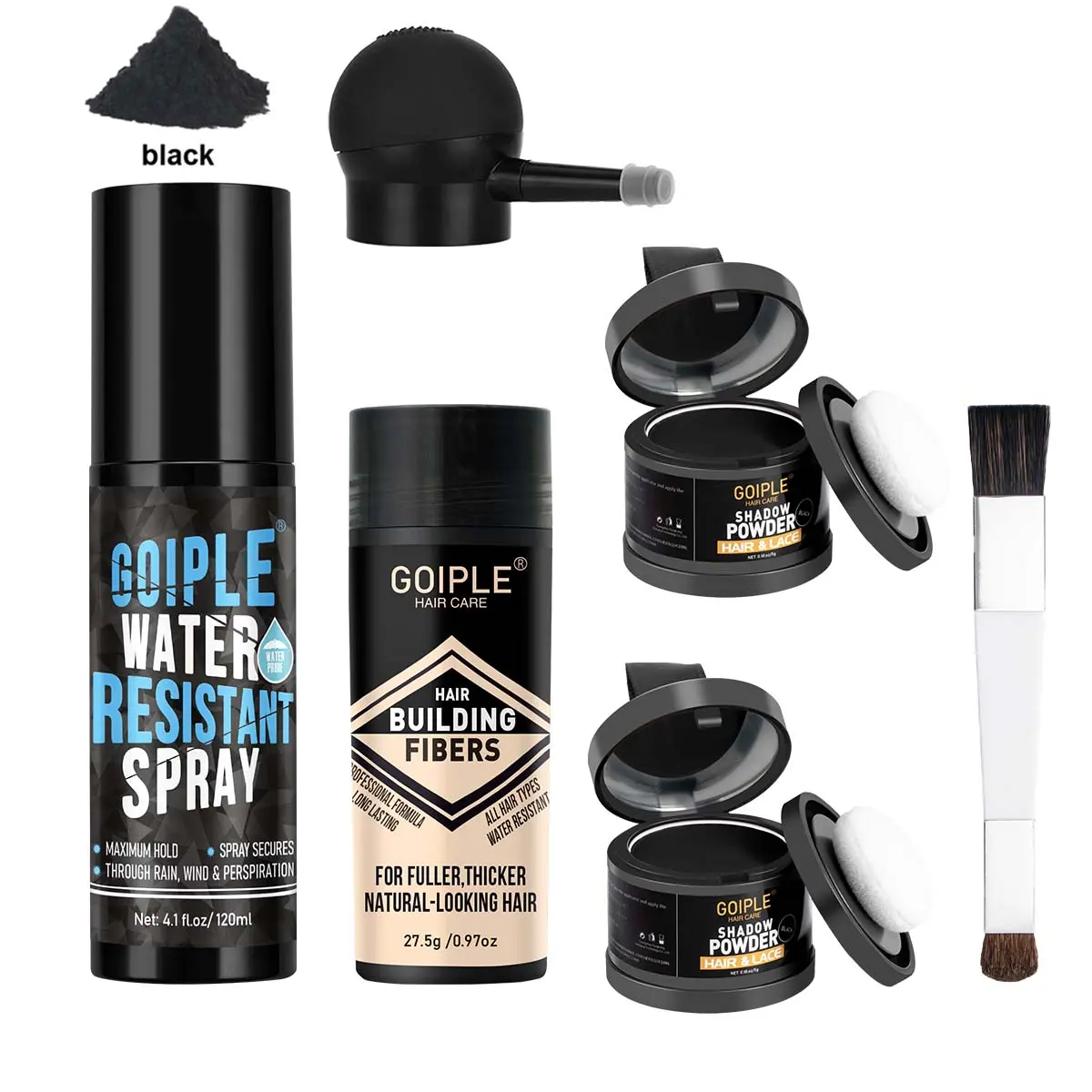 Goiple Hair Fiber Solution for Thin Fine Hair, Includes Applicator Spray Mustache Pen, Low Sensitivity Volumizing Spray, Firm Locking Fibers, Styling Powder, Hair Thickening Powder, Hair Volume Powder