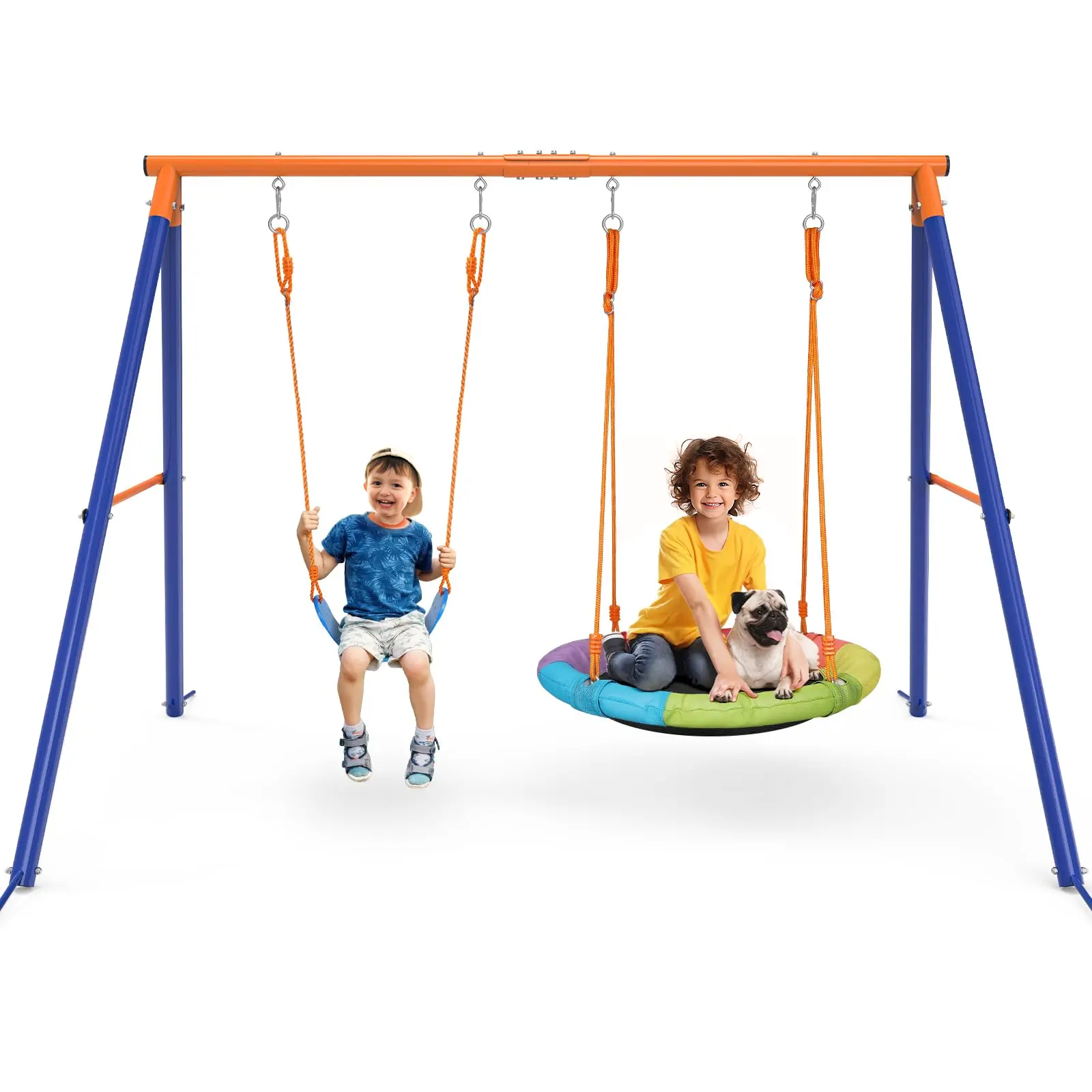 Bearbro Swing Set with 1 Saucer and 1 Belt Swing Seat, 440lbs Swing Set for Kids with Heavy Duty A-Frame Metal Swing Stand for Backyard and Playground