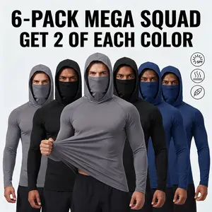6/3 Pack Men's Sun Protection Long Sleeve Hooded Shirts, Stretch Quick Dry Compression Work Shirt with Built-in Face Mask & Neck Gaiter, UV Protection for Fishing Cycling Gardening Outdoor Work Sweatshirts Sports Slim Fit Polyester Menswear Breathable