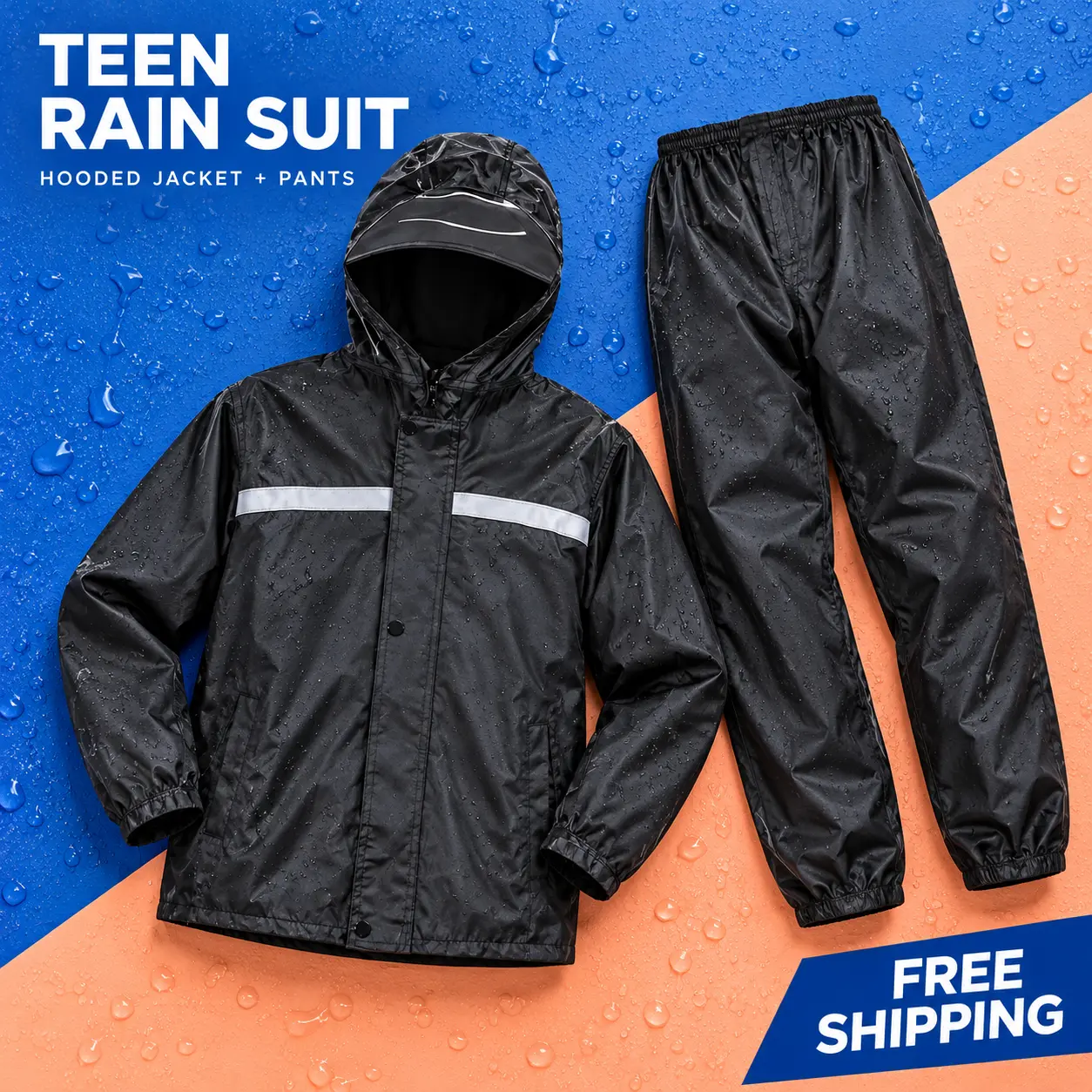 Women's 2-Piece Hooded Raincoat Set - Black Raincoat with Hood Brim, Rain Pants, Suitable for School, Outdoor Walks waterproof