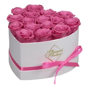 Immortal Love White Heart | 16 Pink Roses Decor Box