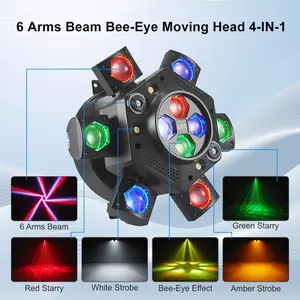 Flashback Events DJ Party Light 150W Six Arms Beam Bee Eye Moving Head DJ Light for stage KTV events weddings festivals raves clubs bars Rgbw Led Red And Green Lasers Dynamic Lighting Effects Versatile Power Supply Durable Design