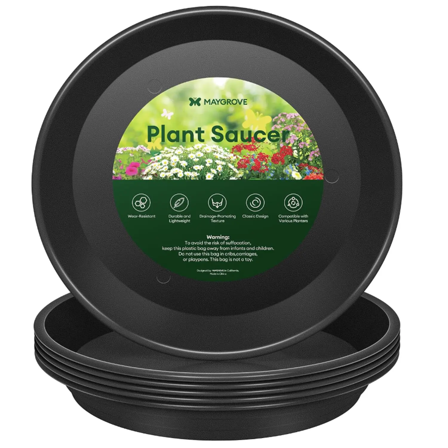 Maygrove 4 Pack/6 Pack Plant Saucers Heavy Duty Plastic Plant Trays for Pots | Grow Bags, Bird Baths, Flower Drip Trays for Indoor and Outdoor Uses, Black