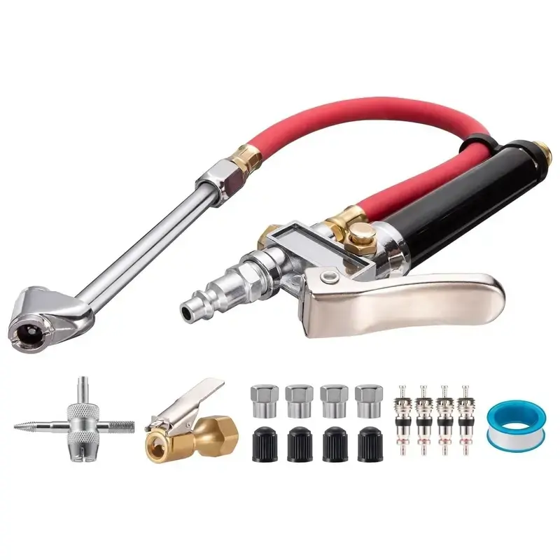 10-120 PSI Tire Inflator Gauge - Dual Head Chuck, 12-Inch Hose, Leak-Free Valve Core, Chrome-Plated Cast Steel, with 4 Way Tool and Valve Cores Tire Pressure Gauge