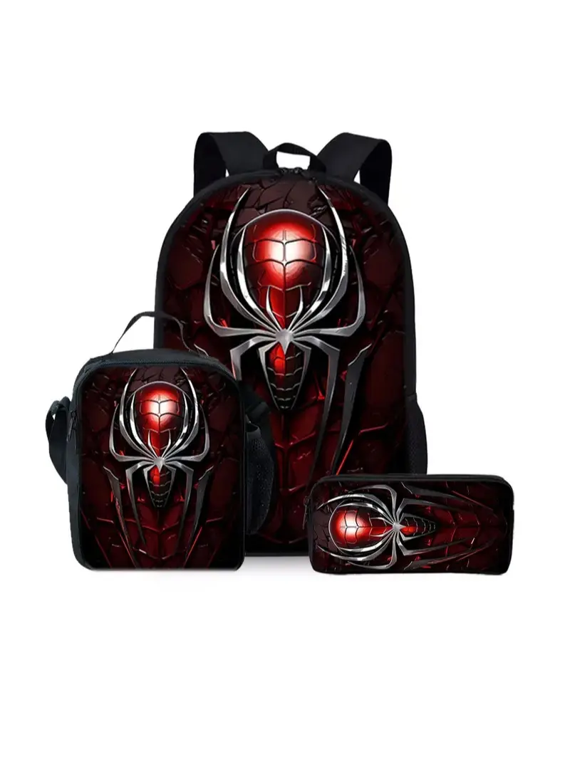 Spi-der pattern printed 17-inch backpack three-piece set (single-layer backpack + shoulder strap lunch bag + single-layer pencil case) Backpack Combo
