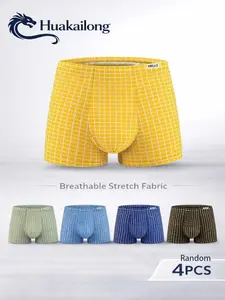 New Hello Label Plaid Men's Briefs, Youth Trend Breathable Boxer Shorts, Soft Comfortable No Sweat Waistband, Versatile Student Daily Commute Sport