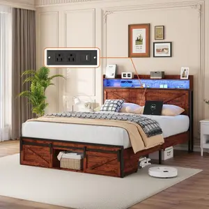 【Bellemave】Full /Queen Size Bed Frame with Storage Headboard and LED Lights, Upholstered Platform Bed with Footboard Drawers, Sturdy Metal Slats, Noise-Free Mattress Support, No Box Spring Needed, Brown