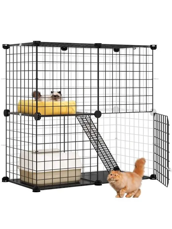 2-Tier Large Cat Cage,Indoor And Outdoor Pet Cage,Versatile DIY Pet Playpen With Removable Metal Wiring, Kitten House With Stairs For Small Pets - Puppies, Rabbits, Bunnies, Squirrels