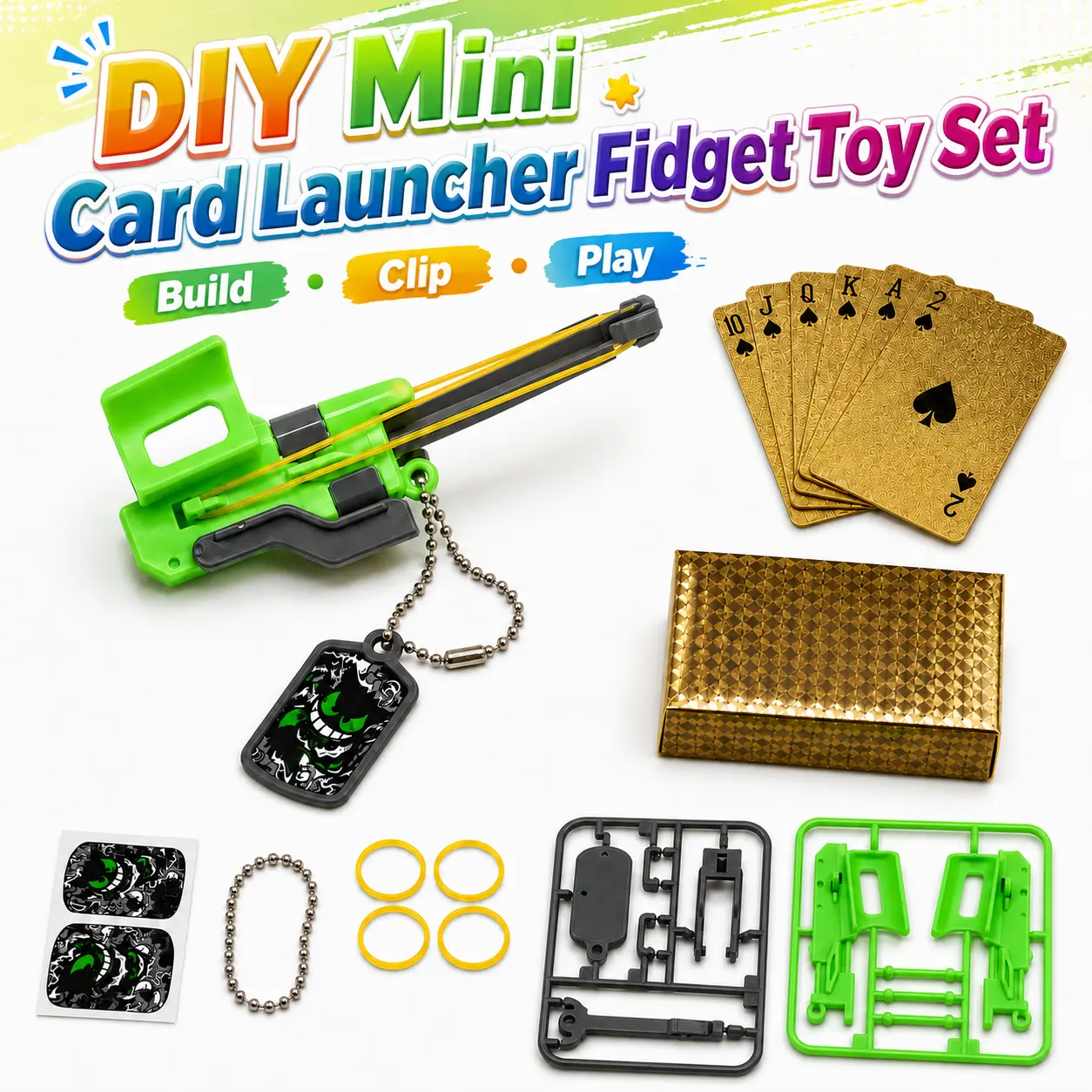 Mini Card Launcher Toy Kit, Build Your Own Card Shooter, Portable Keychain Fidget Toy, Fun Desk Toy, Includes Gold Playing Cards diy