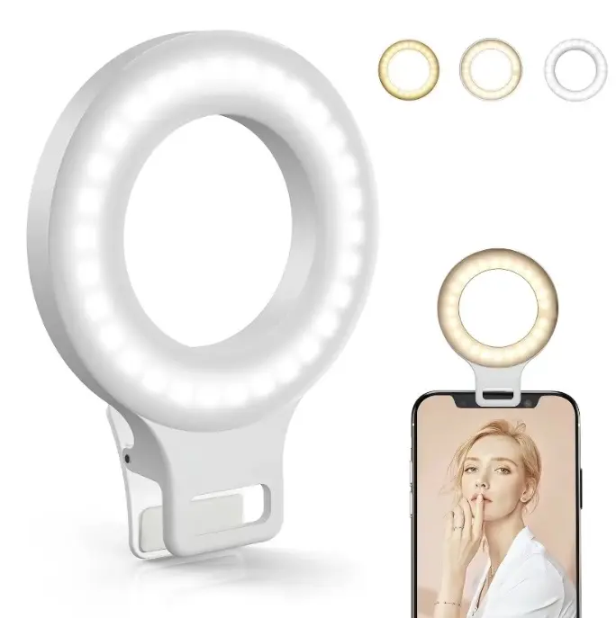 Kimwood Clip-on Selfie Ring Light for Cellphones - Rechargeable 60 LED Camera Phone Accessories, Clip Mount, 2 Dimmable Modes, 5 Brightness Levels, Includes Charger, Smart Control Wireless Selfie Lights, Ideal for Picture Taking, Filming