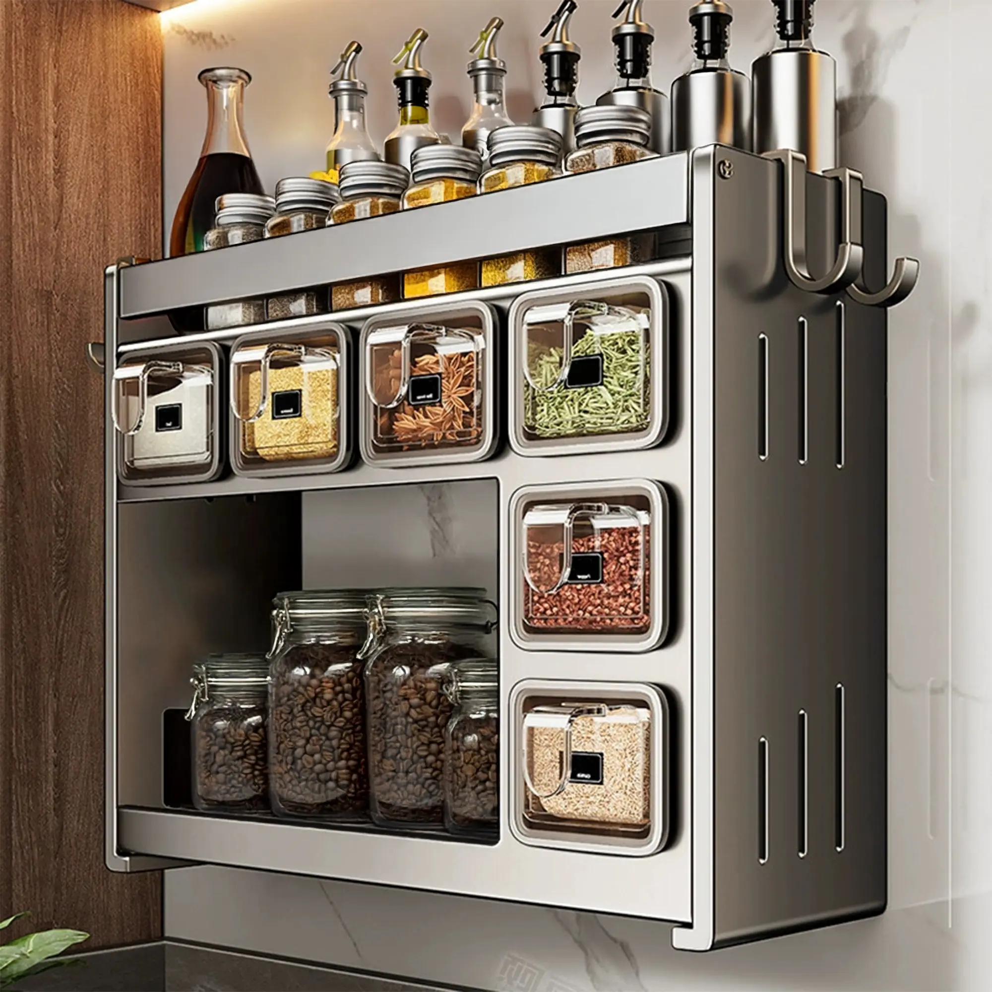 Bepatio Spice Rack Set, Space Saving 1pc Easy-Install Carbon Steel Spice Rack Set, Includes Seasoning Containers & Cans for Kitchen Organization, Spice Racks for Kitchen No Drill Needed