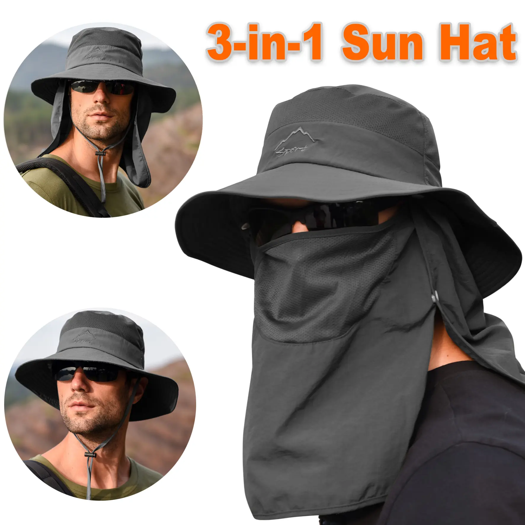 Adults' 3-in-1 UPF 50+ Wide Brim Sun Protection Hat - Waterproof, Sweat-Wicking Sun-Proof Sports & Outdoor Beach Hat with Face Cover, Neck Flap, Ideal for Fishing, Father’s Day Gift, Sun Protection Hats, Sun-Proof Sports & Outdoor Hats
