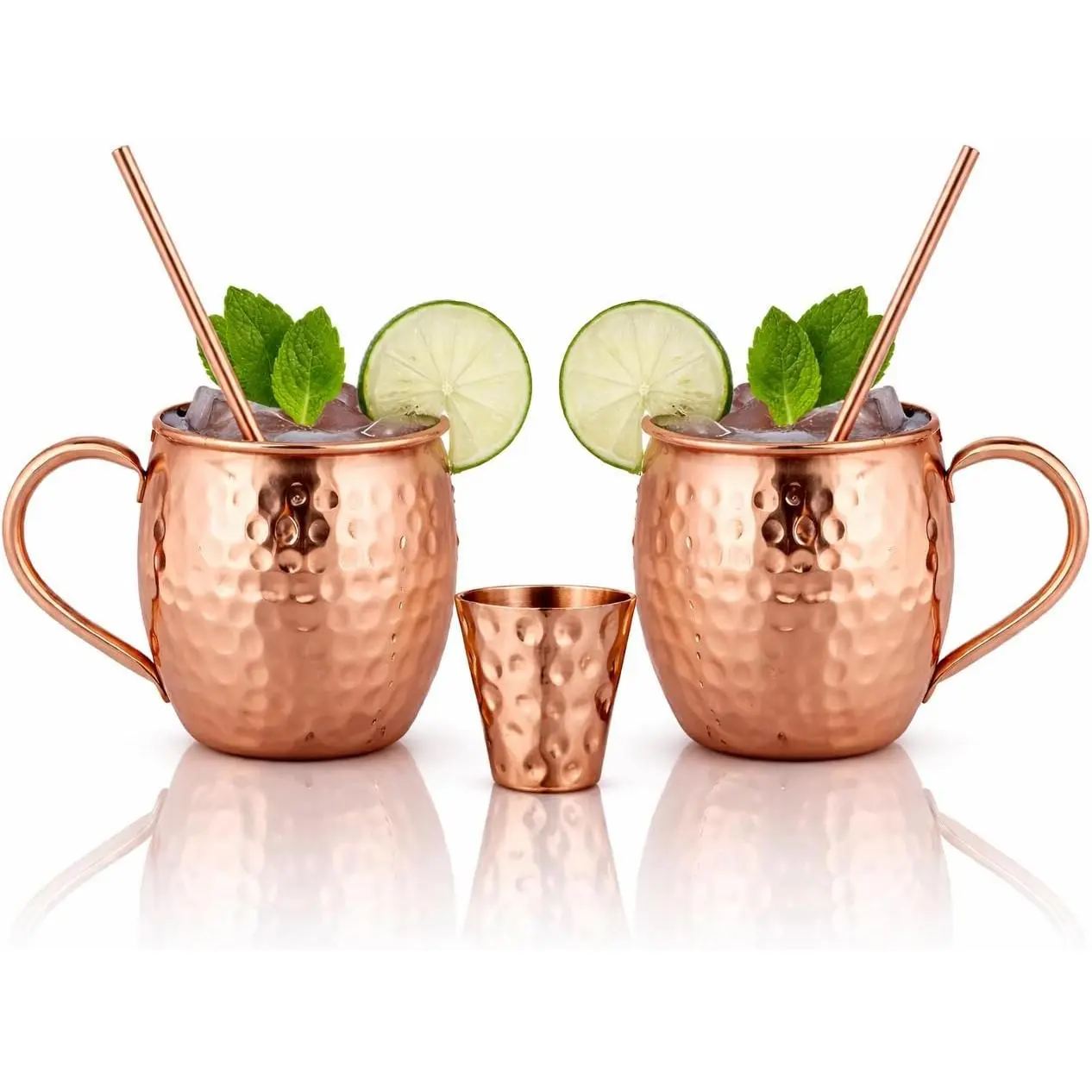 Moscow Mule Copper Mugs - Set of 2,  HANDCRAFTED -  Safe Pure Copper Solid Mugs - 16 oz  Set with   Straws  Shot Glass!