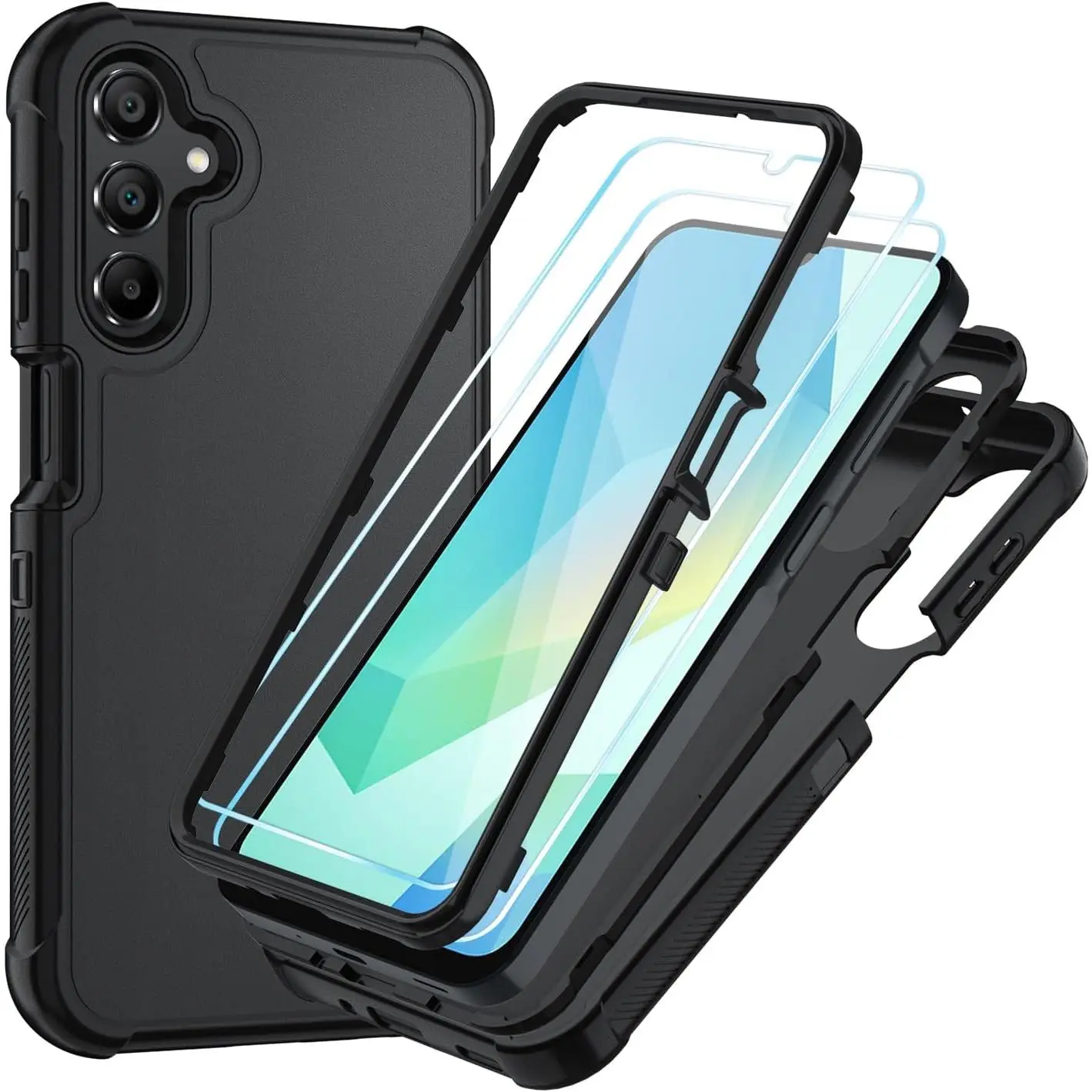 P-PCS018 Smartphone Case for Samsung Galaxy A16 5G, 3-Layer Shockproof Hybrid Cover with HD Screen Protector, Military-Grade Drop Protection for Handheld Cellphone Wireless Devices (Black/Black), Casing