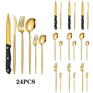 24pcs Deluxe Golden Stainless Steel Cutlery Set, Portugal Western Steak Knives, Forks And Spoons Flatware Set, 4 Person Mirror Polish Families Hotels Silverware Set With Gift Box, Dishwasher Safe