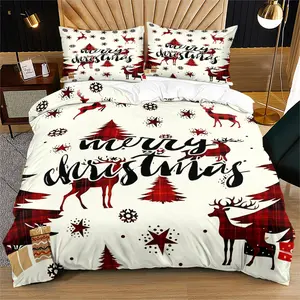 Christmas print pattern, Christmas themed soft bed cover set, Decorative Bedding Set, including 1 cover and 1 or 2 pillowcases, without cotton core, suitable as a Christmas holiday gift
