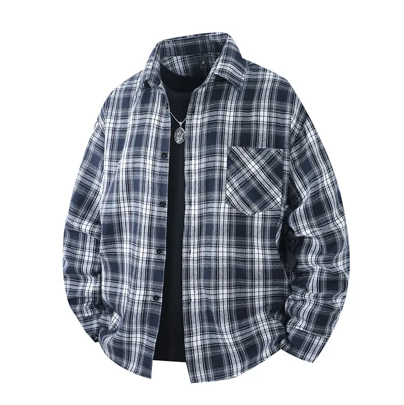 Men's Autumn Winter Long Sleeve Plaid Shirt Turn Down Collar Buttoned Flannel Shirt Jacket Casual Loose Comfortable Versatile Men'S Long Sleeve Shirt Jacket Western Style Denim