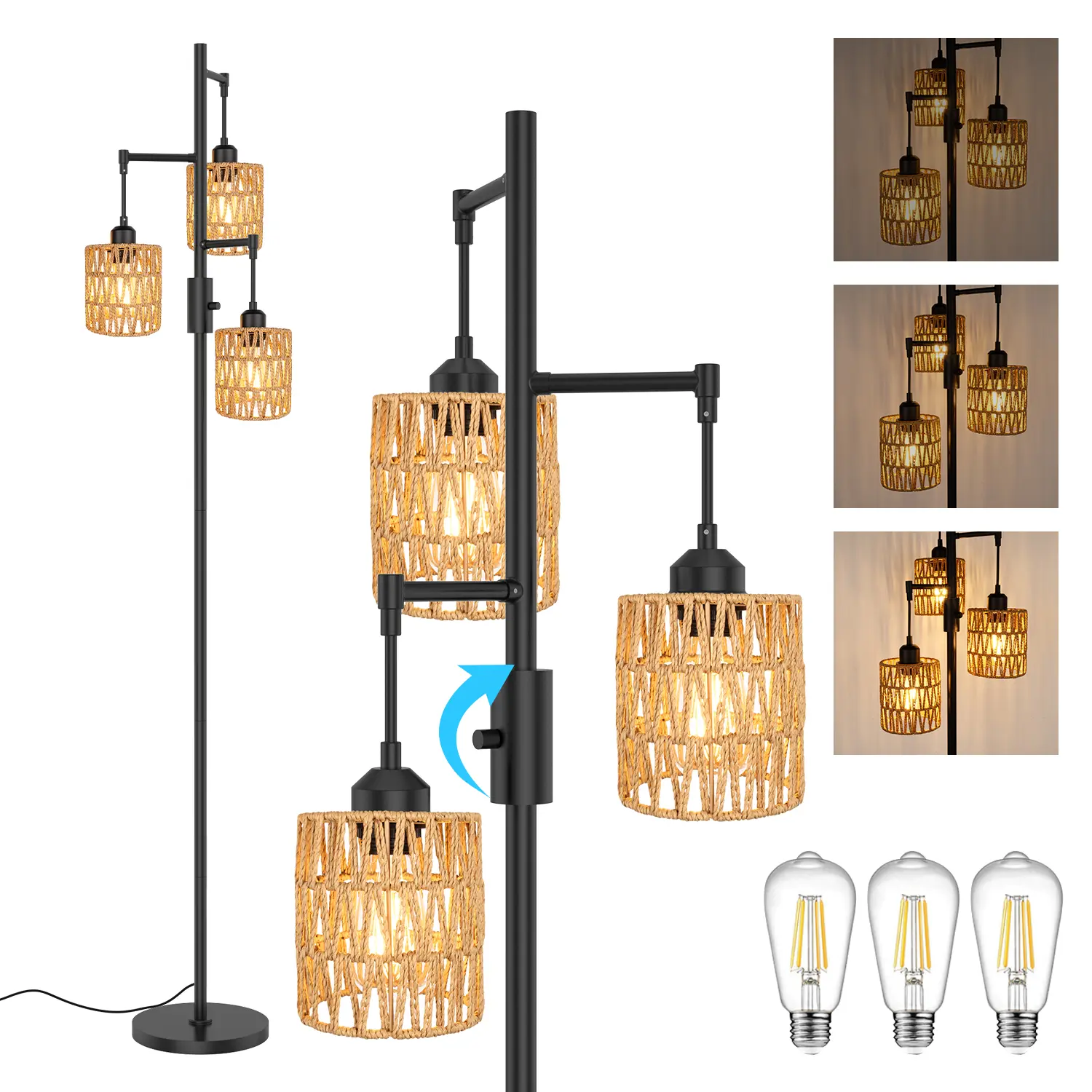 DEMILARE 3-Light Boho Rattan Floor Lamp - Bohemian Look Wicker Rattan Shade, Palm Tree Shape, Stable Wide Base, Farmhouse Coastal Indoor Standing Lamp with 0-100% Dim to Task Light Flicker-Free LED Bulbs, Interchangeable Hand-Woven Shade for Living Room
