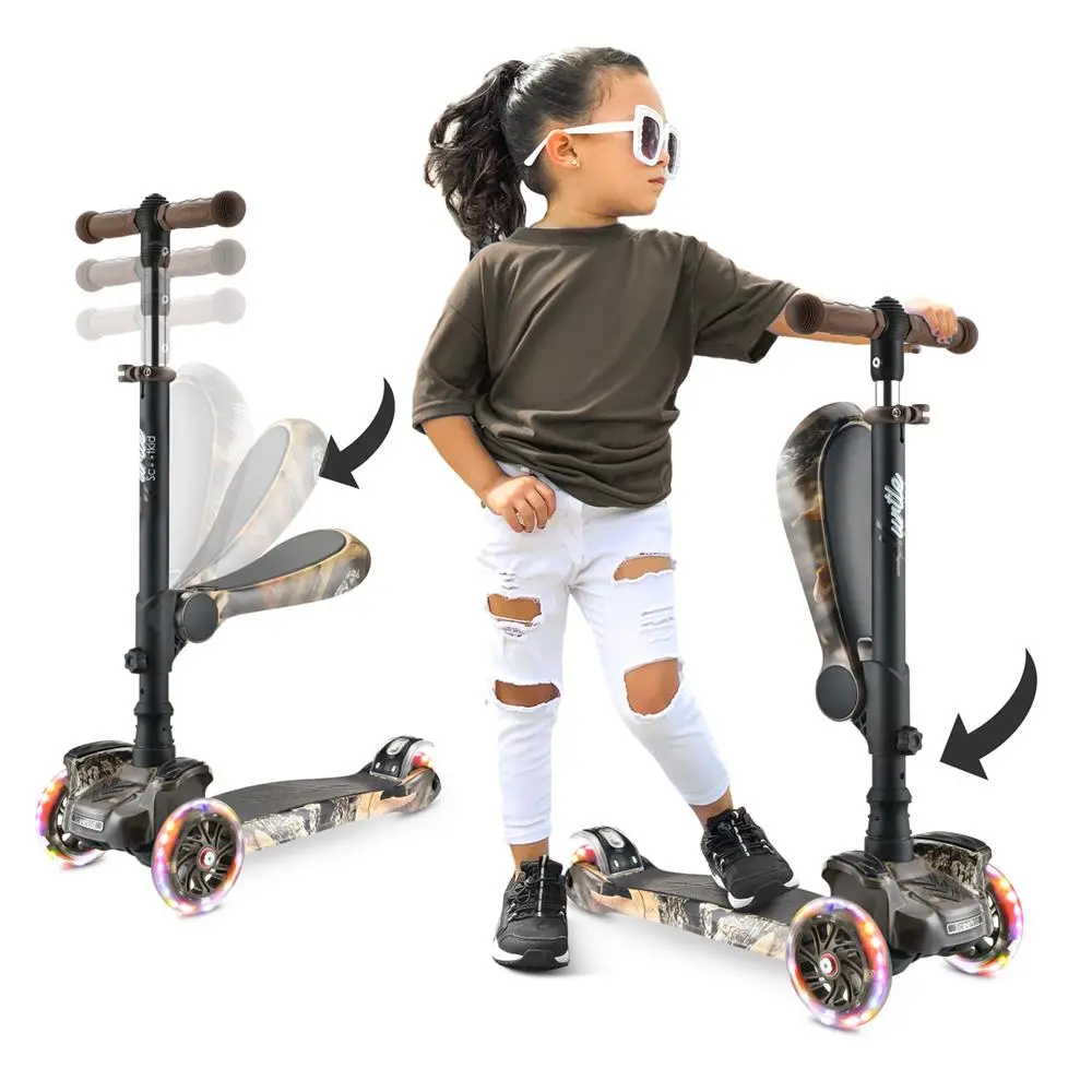 Mini Kids Scooter - Real Tree | 3-Wheel Kick Scooter with Sit or Stand with Removable Fold-Out Seat - Adjustable Height, LED Wheels, Anti-Slip Deck & Lean-to-Steer Technology - Portable Toddler Scooter for Indoor & Outdoor Play