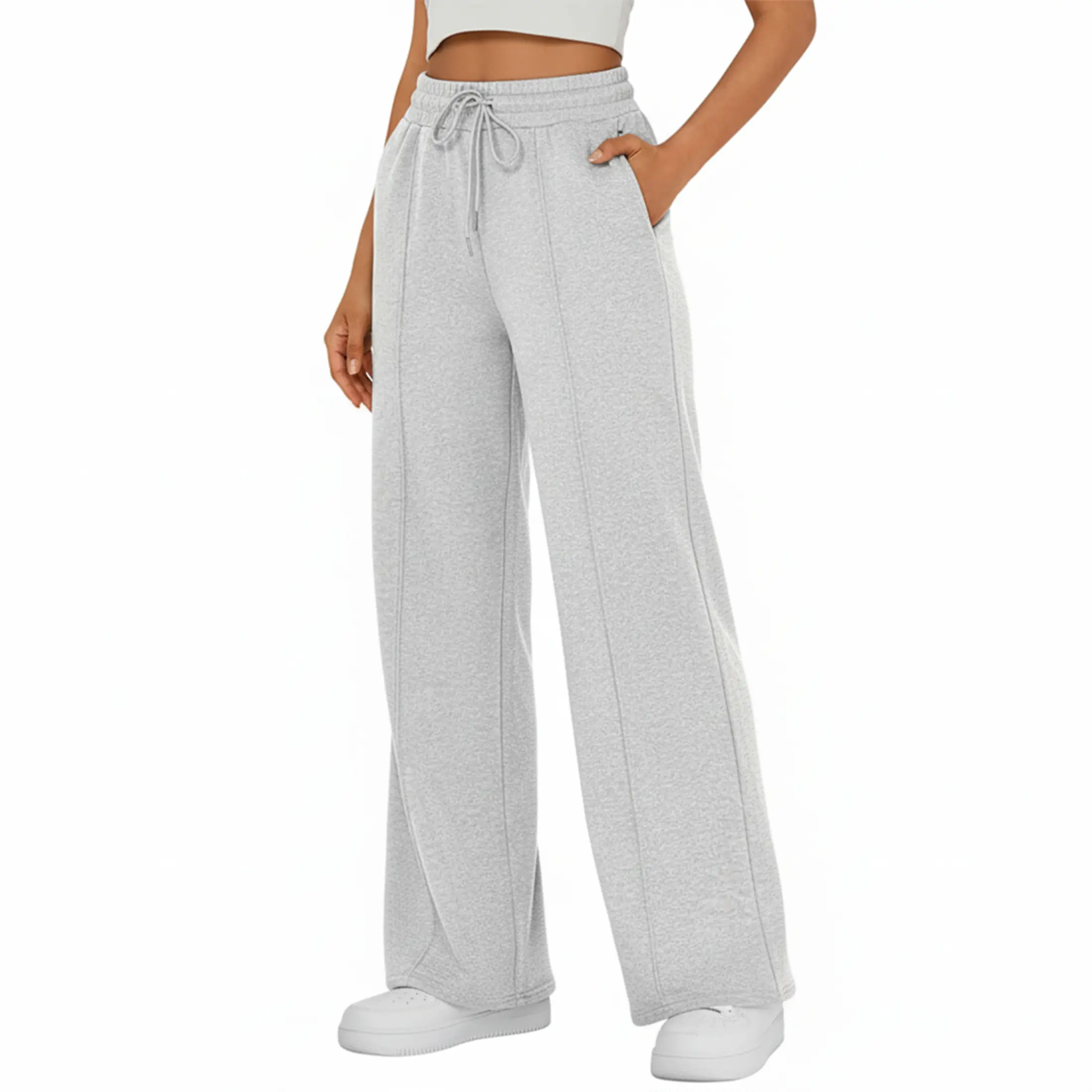 Women's High Waisted Wide Leg Sweatpants - Fleece Lined, Drawstring, with Pockets for Comfort & Style