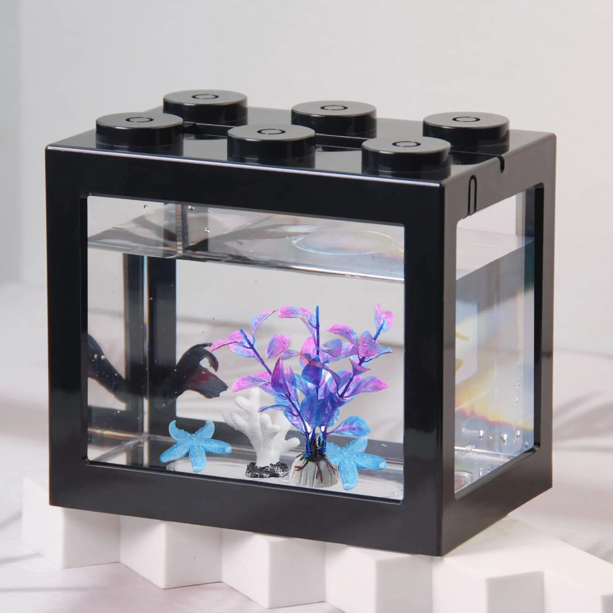 Small Betta Fish Tank, 1 Count Stackable Mini Fish Tank Aquarium Tank Kit, 3/5 Gallon Rectangular Fish Bowl with Aquarium Gravel Decoration