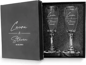 Champagne Flutes, Set of 2 Personalized Glasses with Box, 8 oz, Engraved Wedding Toasting Flutes