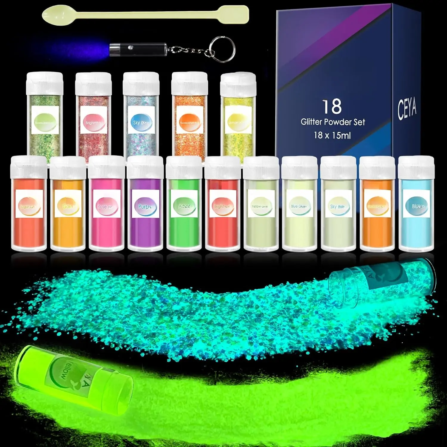 Glow in The Dark Pigment Powder 18 Colors, 12 Colors Glow Pigment and 6 Colors Fluorescent Chunky Glitter with UV Lamp, Long Lasting Luminous  Sequins for Epoxy ,Tumblers,Halloween Party