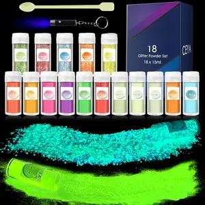 Glow in The Dark Pigment Powder 18 Colors, 12 Colors Glow Pigment and 6 Colors Fluorescent Chunky Glitter with UV Lamp, Long Lasting Luminous  Sequins for Epoxy ,Tumblers,Halloween Party