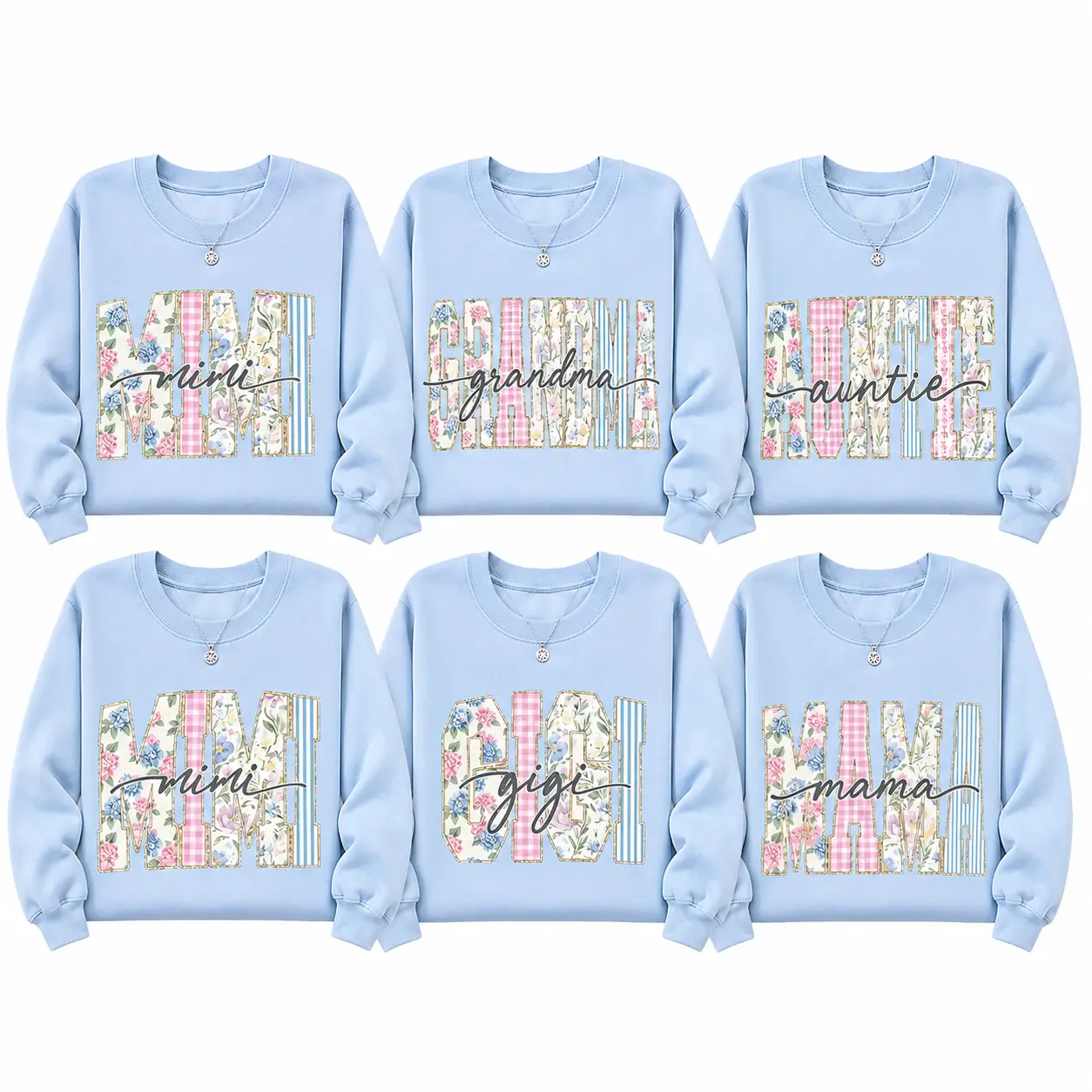 Custom Mimi Grandma Auntie Gigi Mama Sweatshirt, Floral Patchwork Family Crewneck, Personalized Mom Gift for Women, Coquette Light Blue Shirt, Mother's Day Grandma Gift, Cute Spring Top