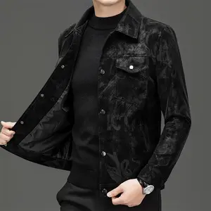 Men's Lapel Printed Leather Jacket Autumn Casual Single-Breasted Faux Leather Coat Chinos Classic Black Long Sleeve