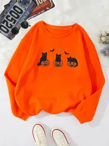 Women's Cat & Pumpkin Print Sweatshirt, Casual Drop Shoulder Long Sleeve Pullover, Women's Top for Daily Wear, Halloween