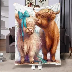 Couple Highland Cow Pattern Blanket, Soft Warm Throw Blanket, Comfy Bedding Blankets, Air-conditioned Room Blanket, Nap Blanket For Home Office Travel, Man Woman Gift