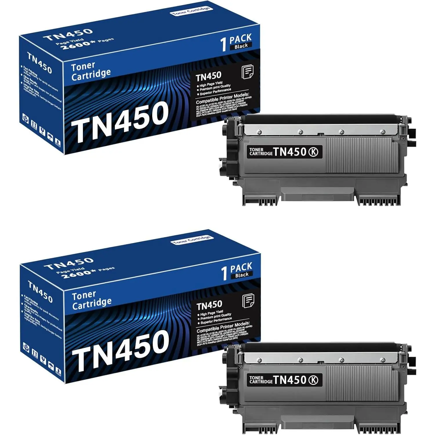 TN450 Black 2-Pack High Yield Toner  Compatible Brother TN-450 TN 450 Replacement for HL-2240 HL-2270DW HL-2280DW MFC-7360N MFC-7460DN MFC-7860DW IntelliFax 2840 2940 Printer