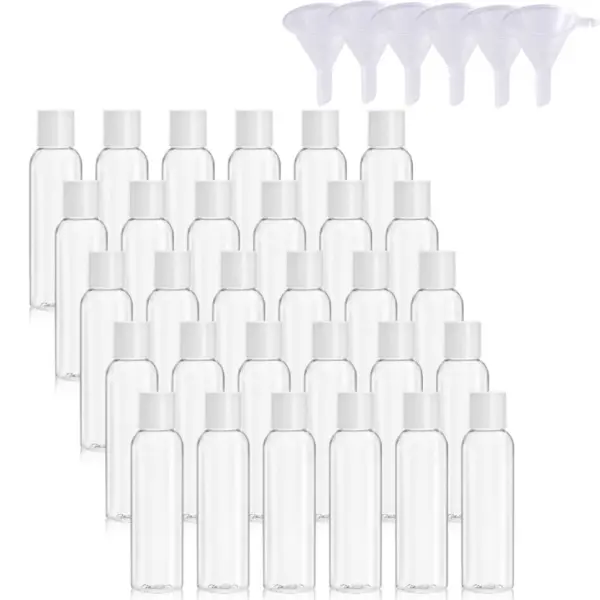 30 Pack 4oz Travel Bottles for Toiletries, Empty Small Plastic Squeeze Bottles with Disc Top Flip Cap, And 6-Pack Funnels Perfect for Clear Refillable Travel Size Containers For Shampoo, Lotions, Liquid Body Soap, Creams campingessentials