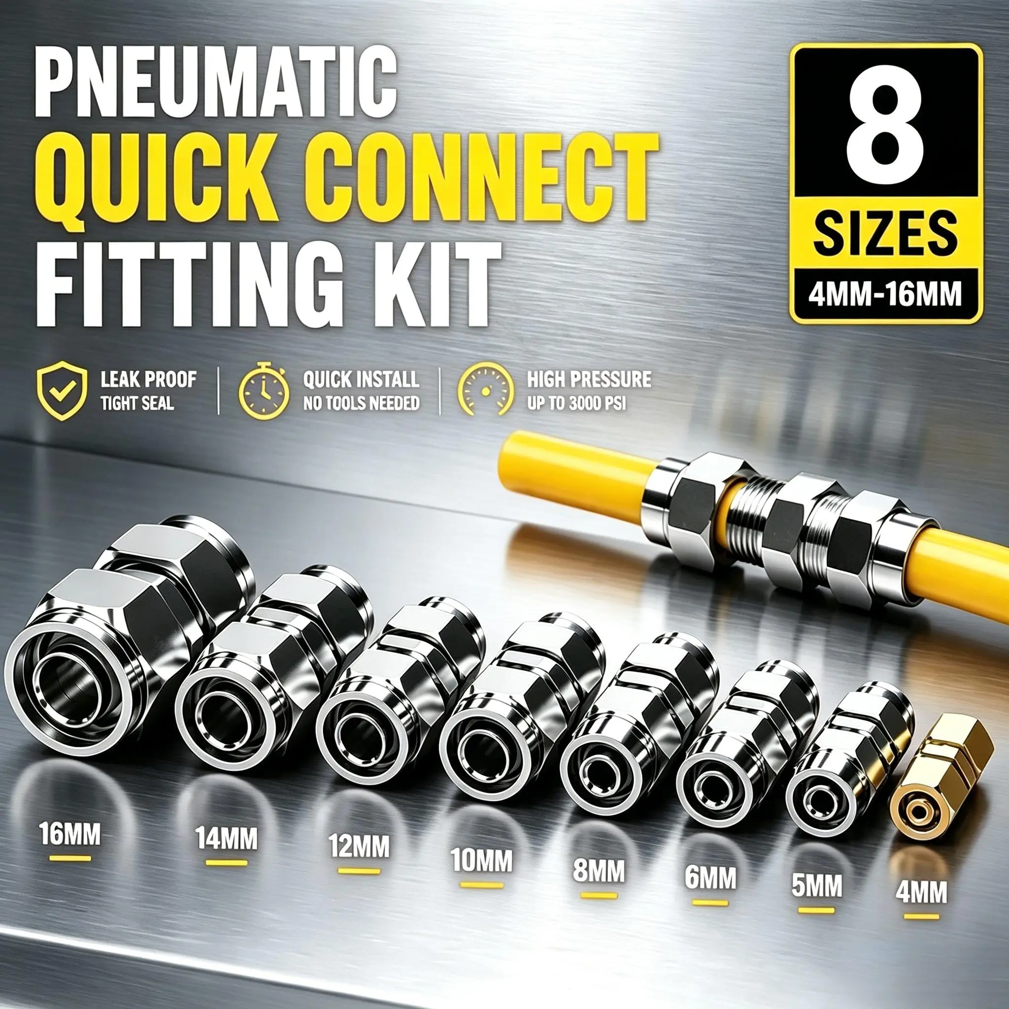 Heavy Duty Push-in Type Pneumatic Connectors for Trucks - Straight Metal Fittings for PU/PA/PVC Hose, Nylon 4-16mm High Temp. Tubing Quick Joints with Wide Tube Compatibility