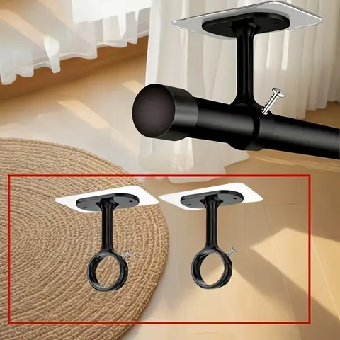 Self-Adhesive Adjustable Curtain Rods Hooks, Drill-Free Ceiling-Mount Curtain Rod Brackets, No Wall Damage, Suitable for Wardrobe and Bedroom, Modern Decor Style Adhesive Curtain Rod Holder