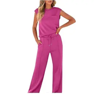 Women's 2-Piece Korean Clothing Set - Light Polyester-Spandex Sleeveless Top, High Waist Army Wide Leg Pants