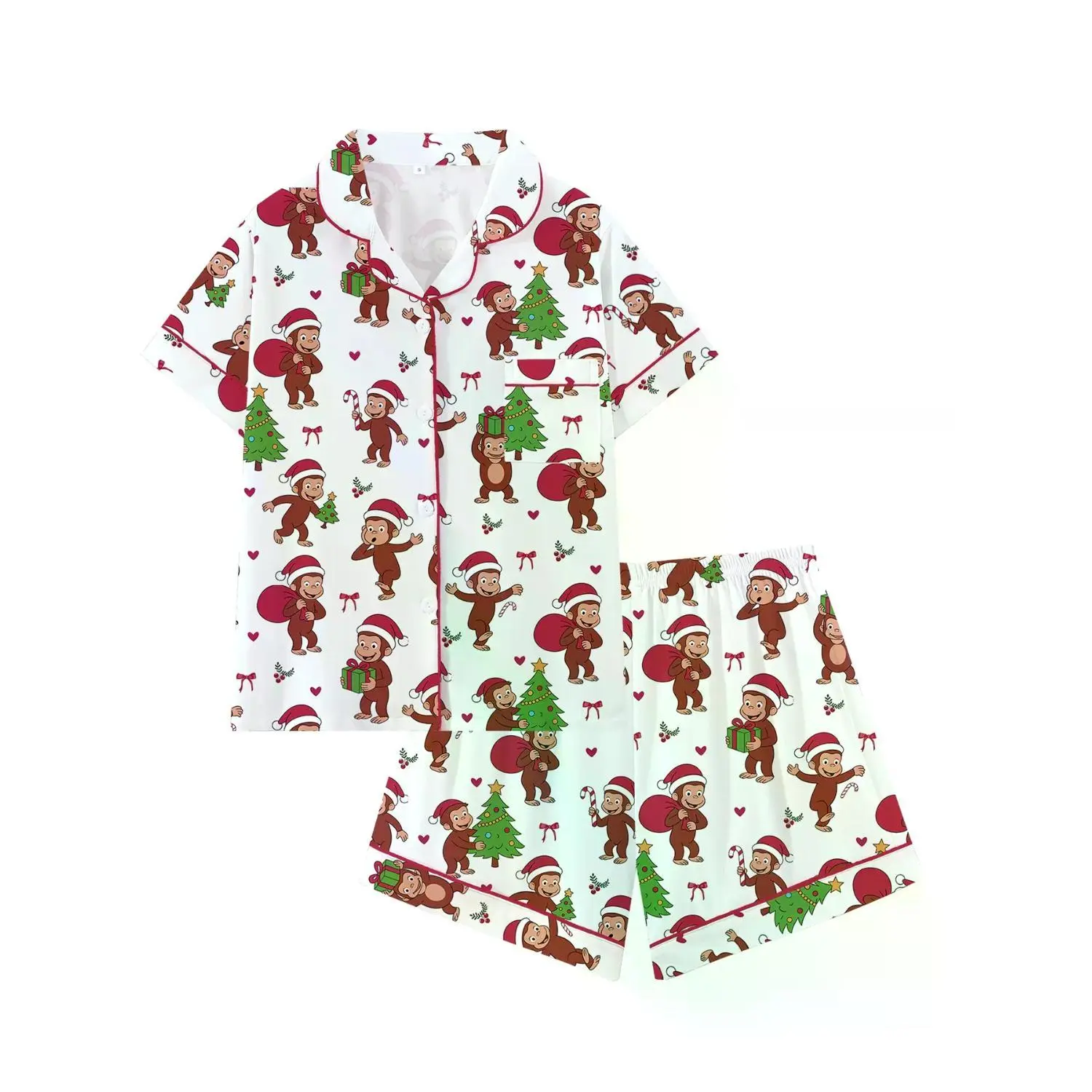Cute Monkey Print Bow Collar Pajama Set for Teen Girls, Short Sleeve Collared Sleepwear, Comfortable Cartoon Pattern Loungewear, Ideal Christmas Gift, Loose-Fit, Suitable for All Seasons