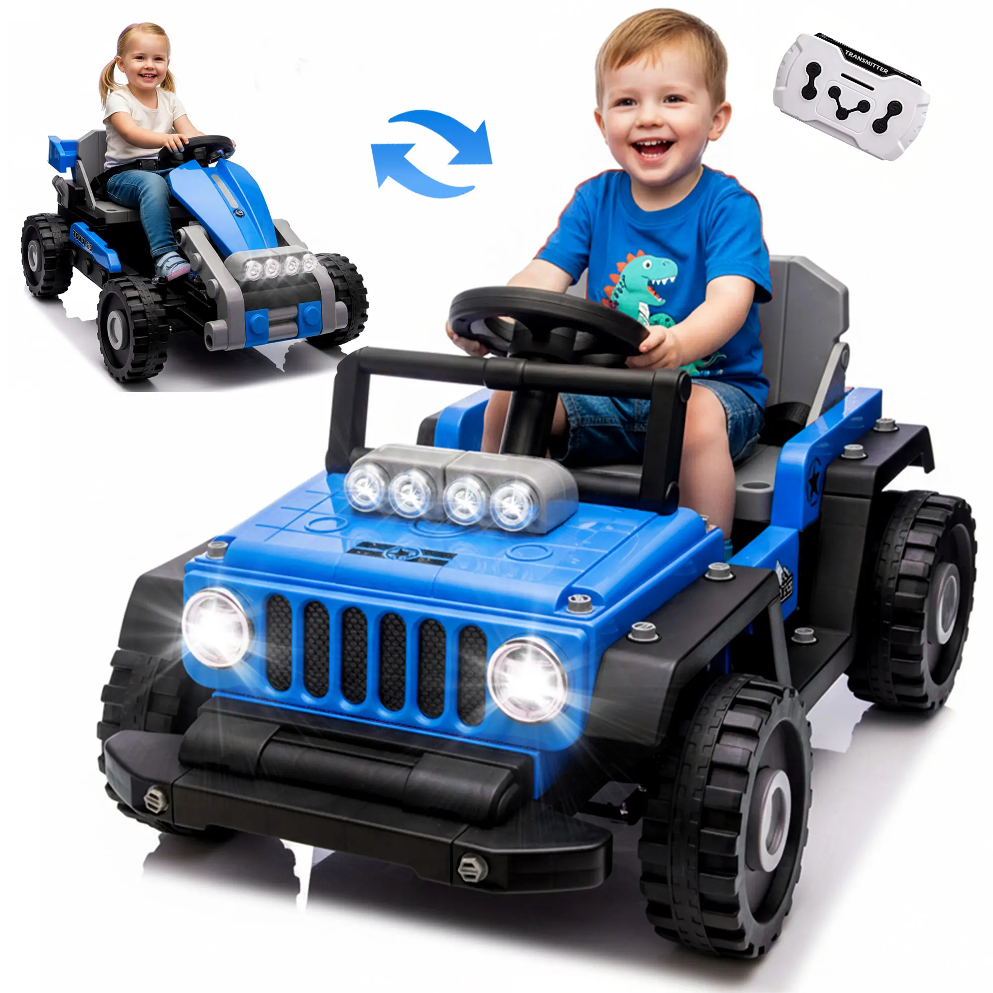 Summerwins 12V Battery-Powered 2-in-1 Kids Ride-On Truck-Go Kart Kids Toy, Outdoor Kids Toy with Remote Control, Building Block Assembly, 4-Wheel Suspension, LED Lights, 2.5 mph Safe Speed, Bluetooth Connection, 3-4 Years/12 Months Gift (Black), Kids Toys