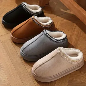 Unisex Eva Sole Slippers, Soft Warm Indoor Shoes, Lace Decor, Pure Color Winter Footwear, Hand Washable, Plush Lining, Durable Sole, Indoor Home Slippers