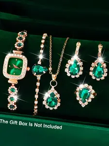 6 sets of green luxury quartz women's watch accessories, including rings, necklaces, earrings, crystal fashion bracelets, and ladies' wristwatches.