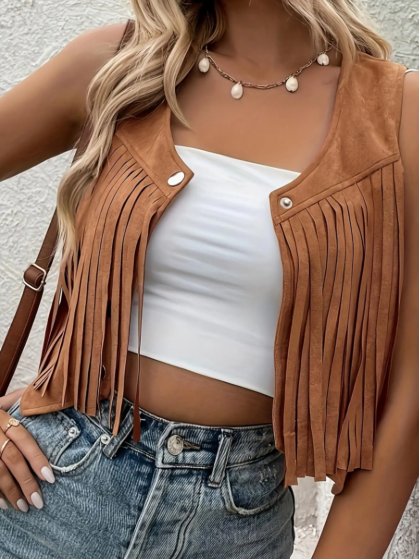 Women's Fringe Detail Faux Suede Material Vest, Button Front V Neck Sleeveless Top, Casual Spring & Fall Sleeveless Outerwear