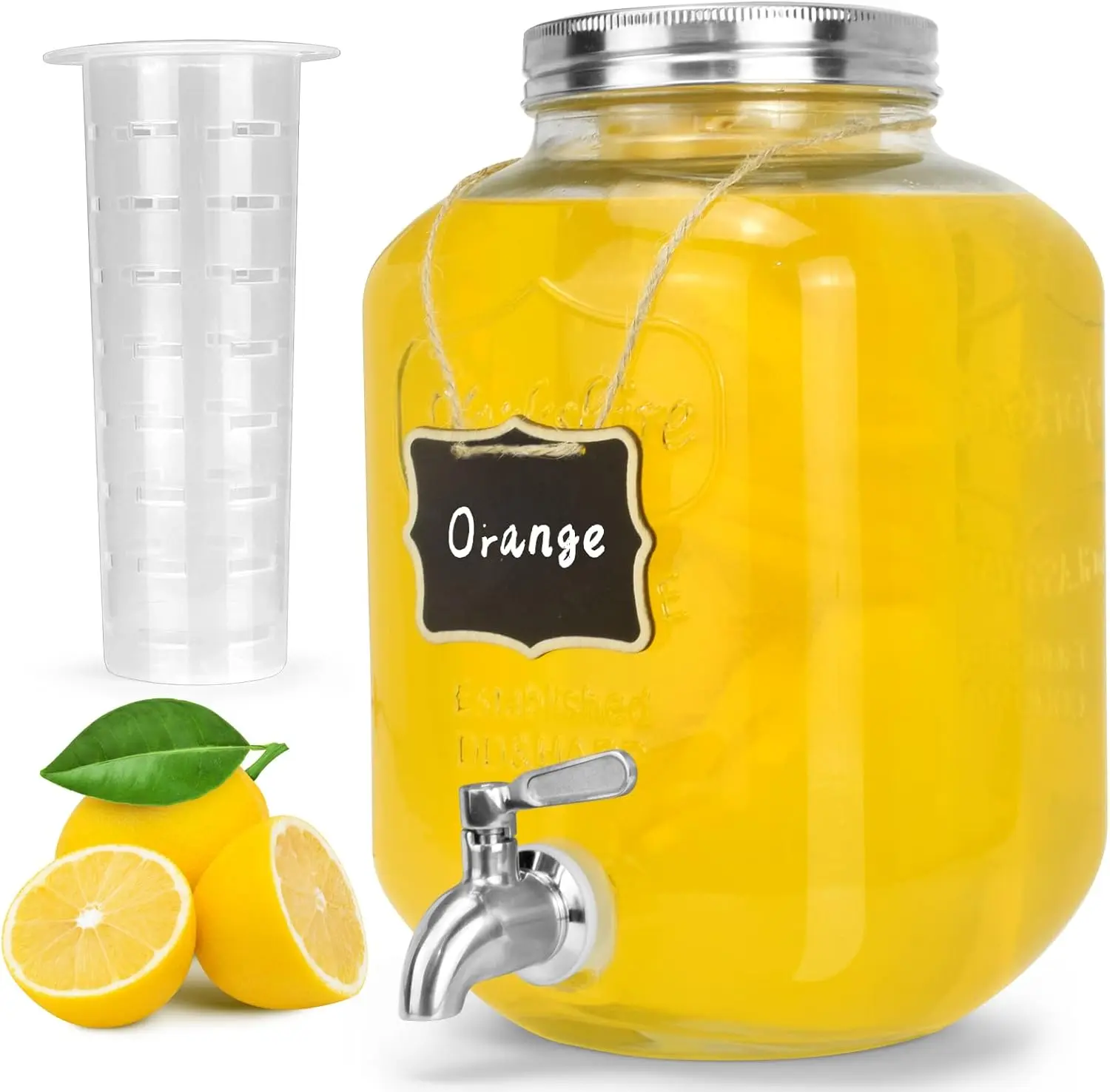 Glass Beverage Dispenser With Stainless Steel Spigot,1.2 Gallon Mason Jar Drink Dispenser,Sun ,Lemonade & Juice Dispenser for Parties, Weddings & Events.Leak-Proof, Infuser Included.
