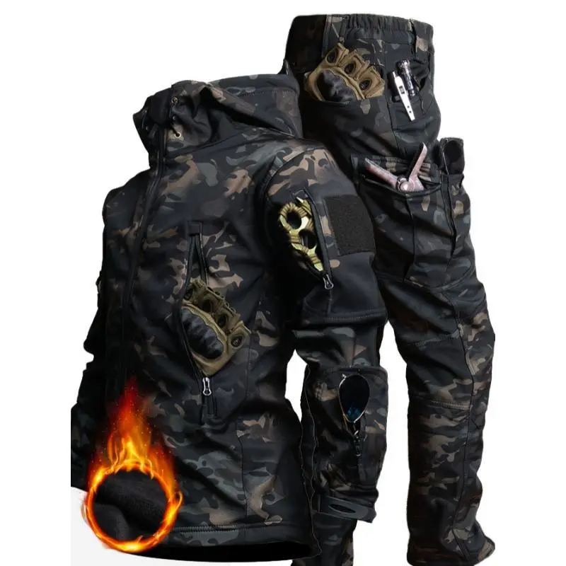 Male 2-Piece Regular Fit Camo Print Long Sleeve Hooded Jacket with Fuzzy Lining & Matching Track Pants with Pockets, Polyester Blend Sportswear Set (S,XXXL)